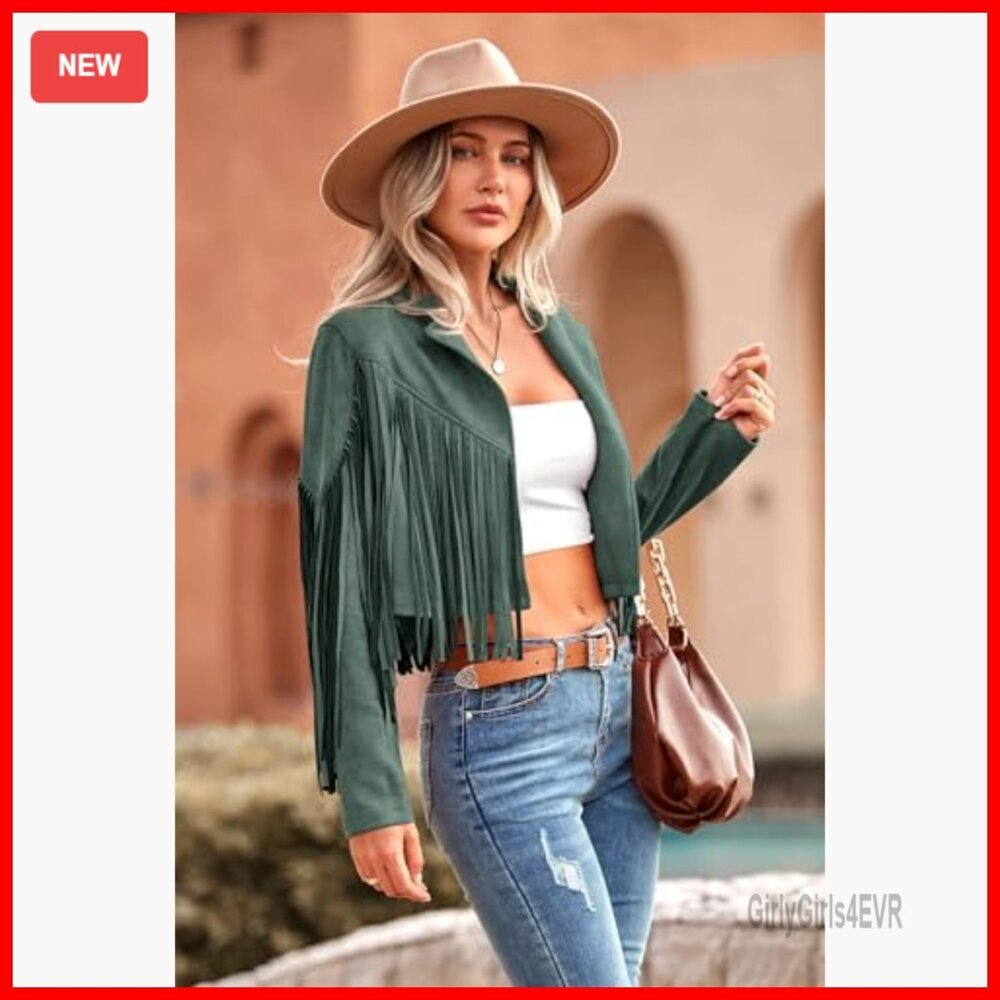 Faux Suede Fringe Cropped Jacket, Motorcycle Style, OEKO-TEX Certified - Picture 5 of 7